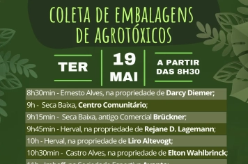 Coleta de embalagens de agrotóxicos acontece na terça-feira, 19 de maio, em Imigrante