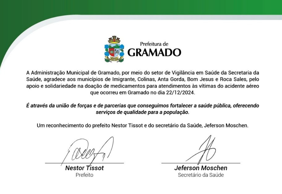 Município de Imigrante é reconhecido por solidariedade após acidente aéreo em Gramado
